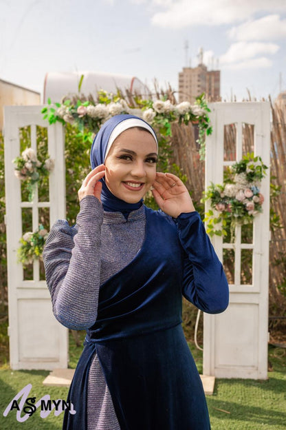 Navy Blue Velvet Wrap Soiree Dress