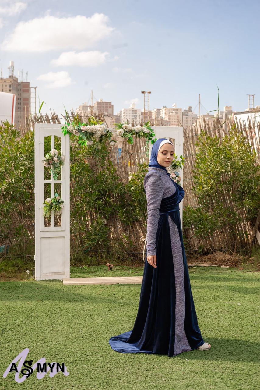 Navy Blue Velvet Wrap Soiree Dress