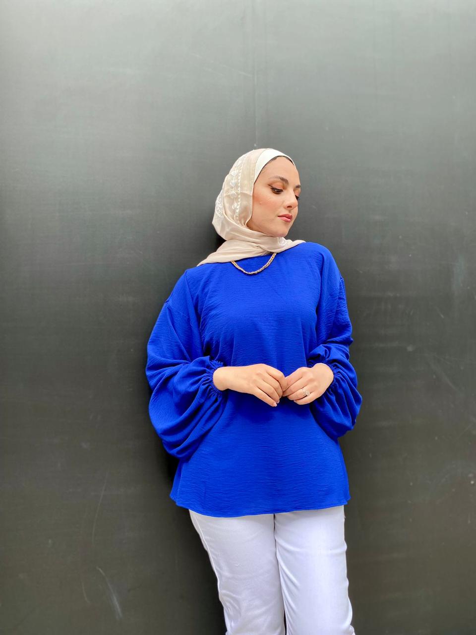 Blue Summer Blouse with Puffy Sleeves