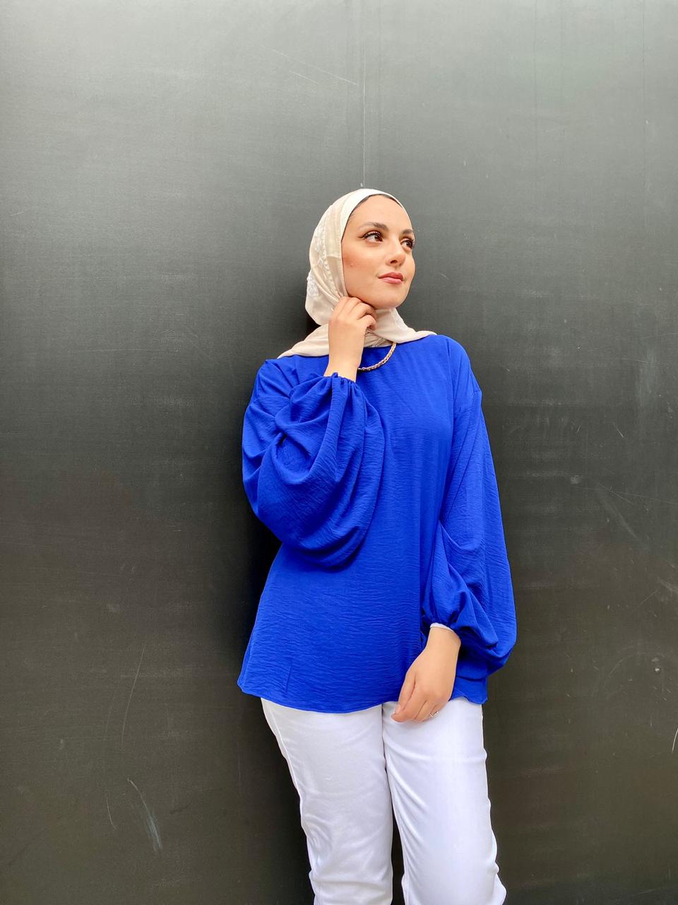 Blue Summer Blouse with Puffy Sleeves