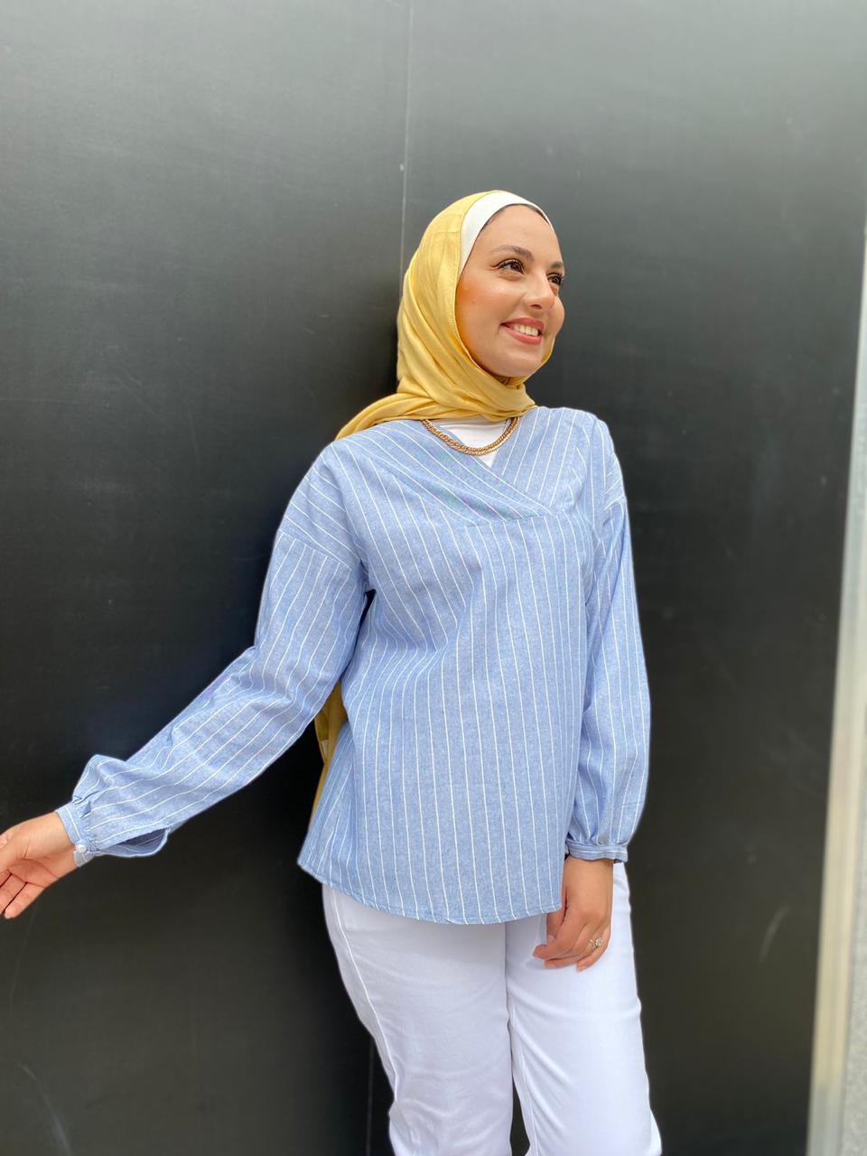 Baby-blue Striped Linen Summer Blouse