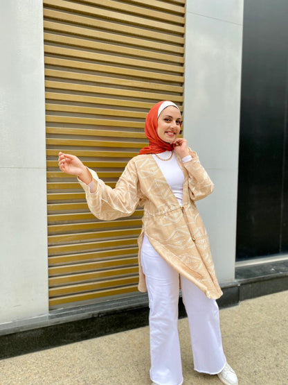 Beige Patterned Linen Summer Kimono