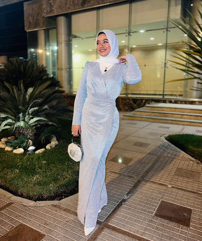 Shiny Baby-blue Wrap Soiree Dress