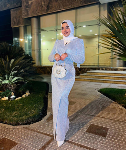 Shiny Baby-blue Wrap Soiree Dress