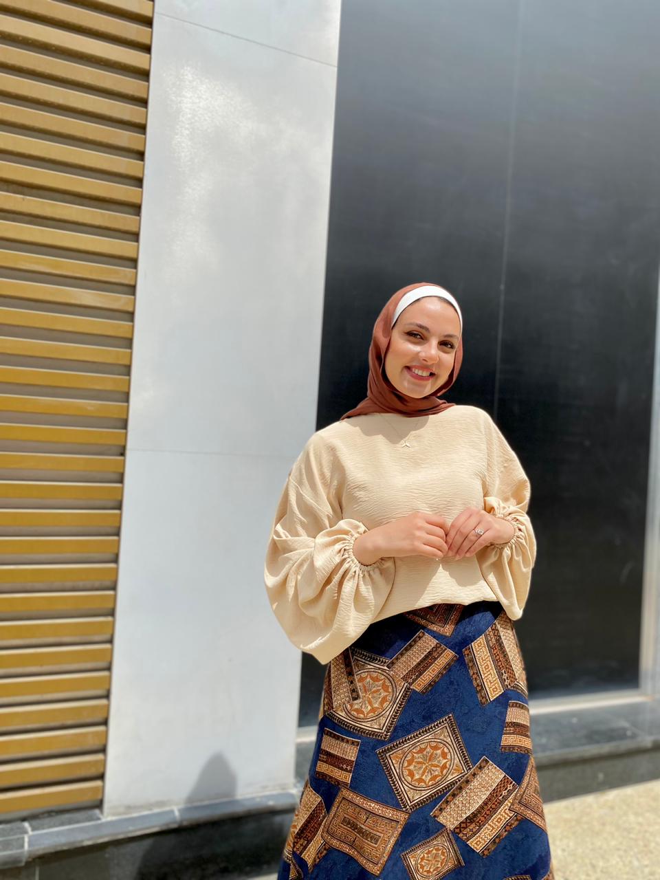 Beige Summer Blouse with Puffy Sleeves