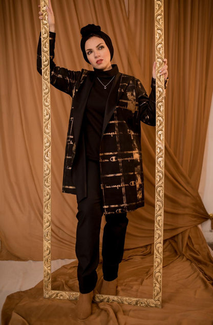 Black N Gold Patterned Winter Cardigan