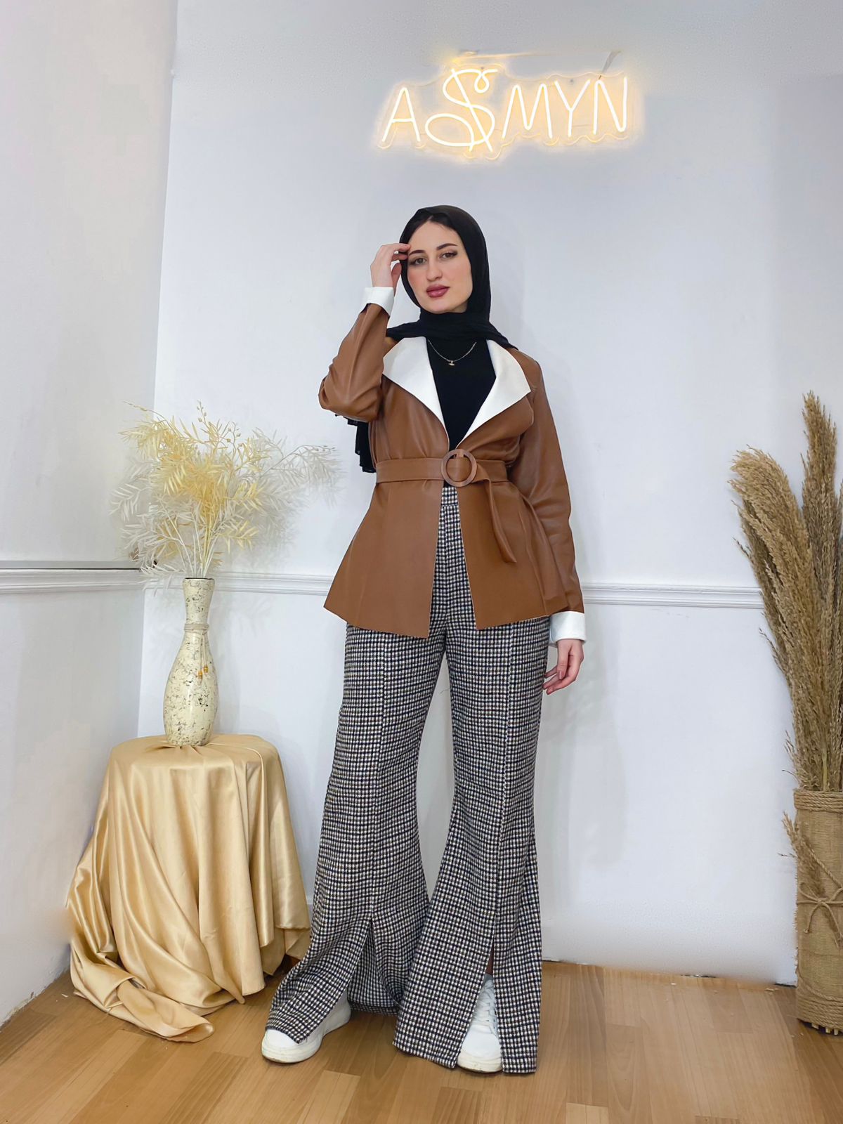 Plaid Flare Winter Pants with Front Slit