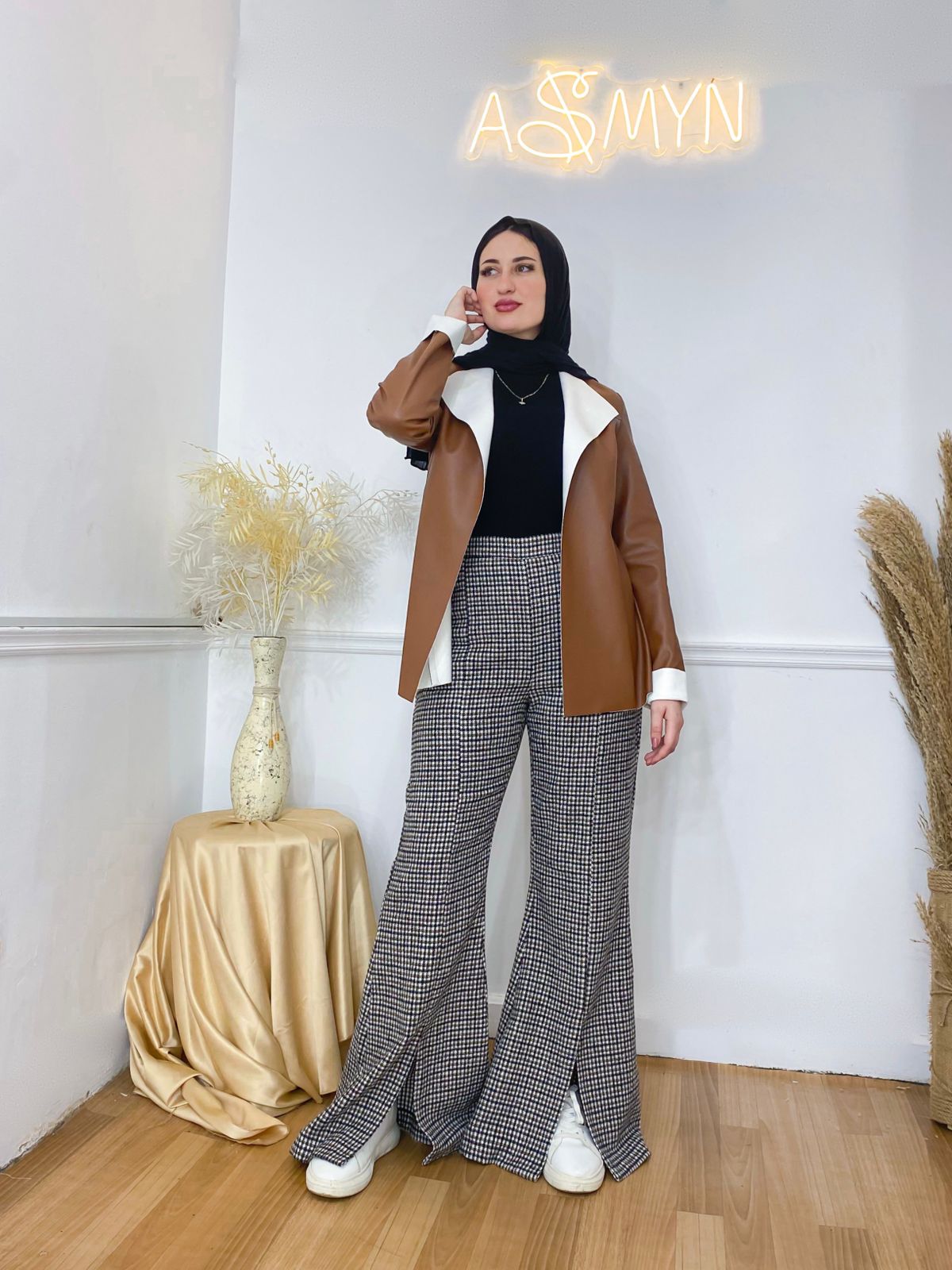 Plaid Flare Winter Pants with Front Slit