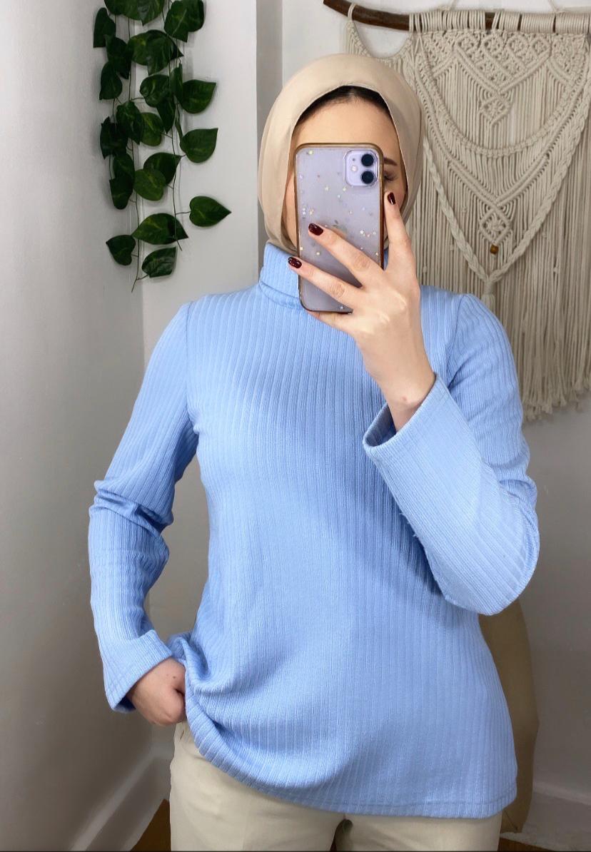 Baby-blue High Neck Winter Basic Pullover