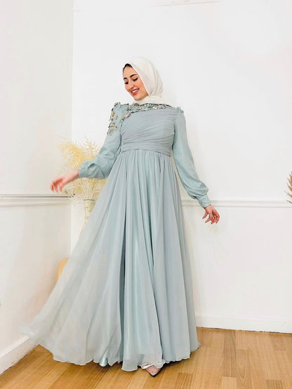 Mint Flowered Chiffon Soiree Dress