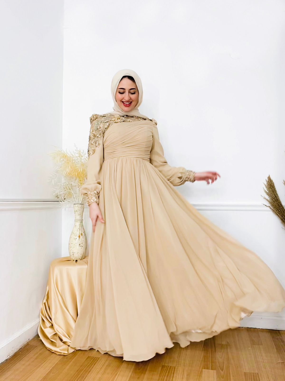 Beige Flowered Chiffon Soiree Dress