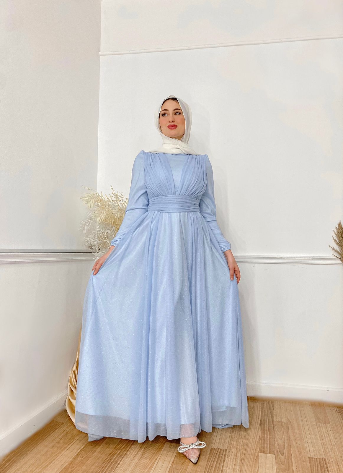 Baby-blue Glittered Chiffon Soiree Dress