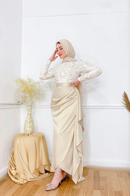 Champagne Satin Dress with Patterned Top