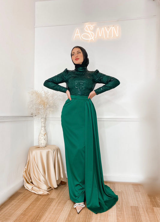 Green Satin Soiree Dress with Embroidered Top