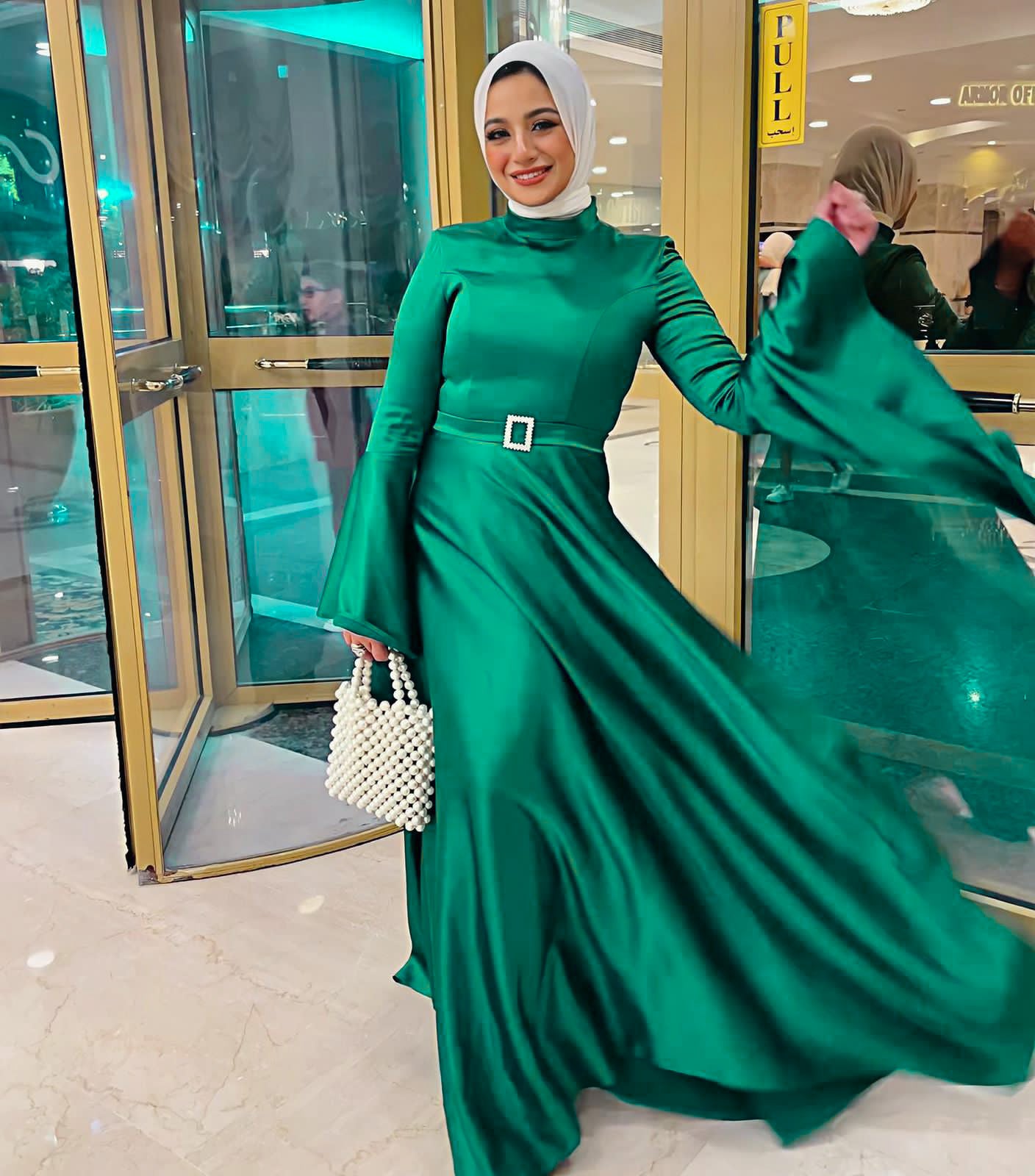 Emerald Green Soiree Dress with Angel Sleeves