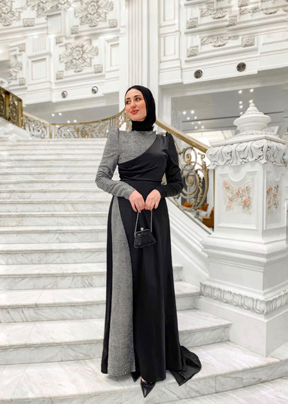 Black N Silver Satin Soiree Dress